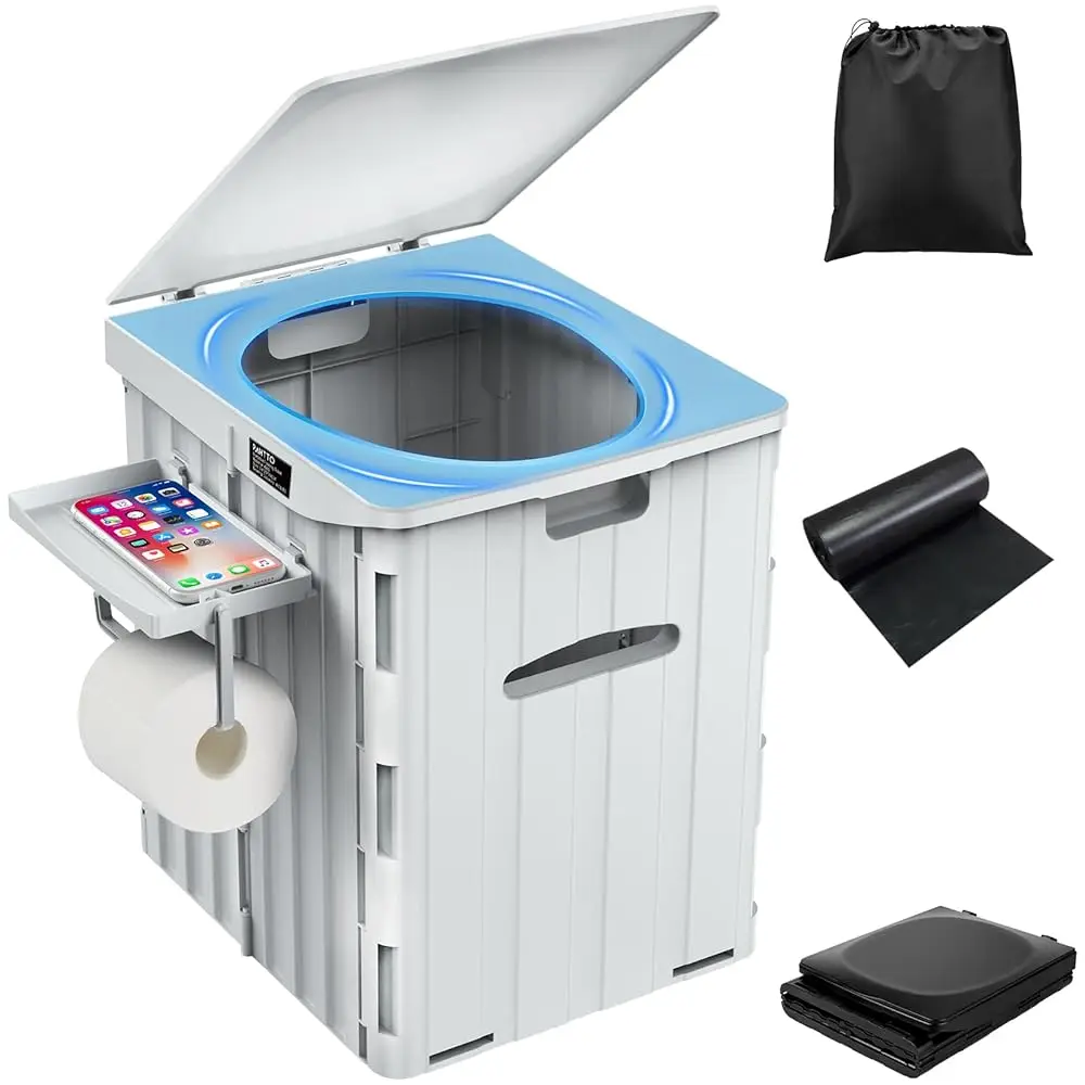 

XL Portable Toilet for Adults, 15.4\ H Foldable Camping Toilet with Detachable Phone Shelf and Toilet Paper Holder, Waterproo