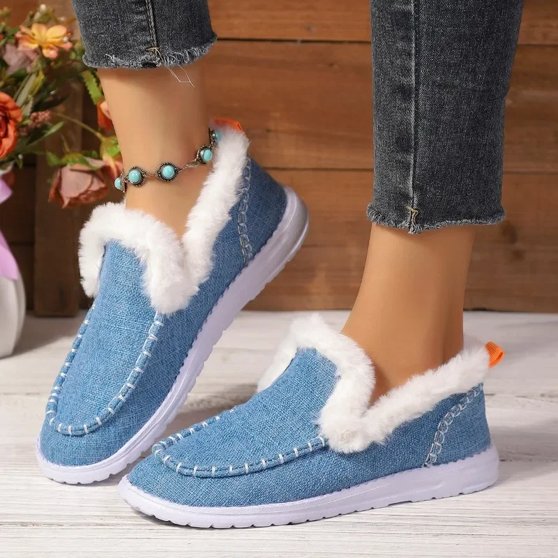 Winter Women Slip on Fuzzy Collar Ankle Boots Soft Felt Warm Fleece Lined Flat Shoes Non Slip Light Casual Daily Snow Booties