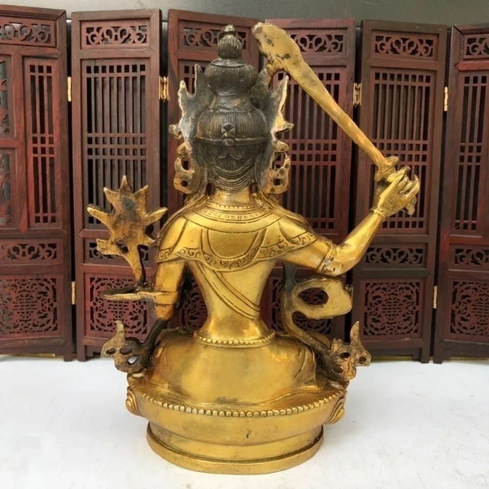 Vintage Brass Manjushri Sculpture Golden Avalokiteshvara Bodhisattva Figurine Oriental Religious Feng Shui Collectible Gift