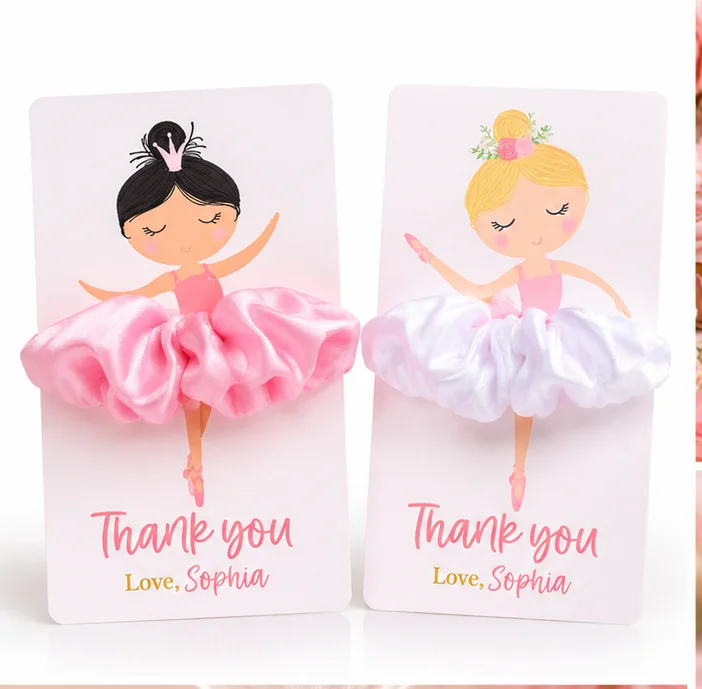 Customizable Ballet Girl Hair Tie Card Gift, Thank You Card, Birthday Party Favor, Creative Children's Party Gift, Pink Satin Hair Tie (Card + Hair Tie), Skirt Decoration Card