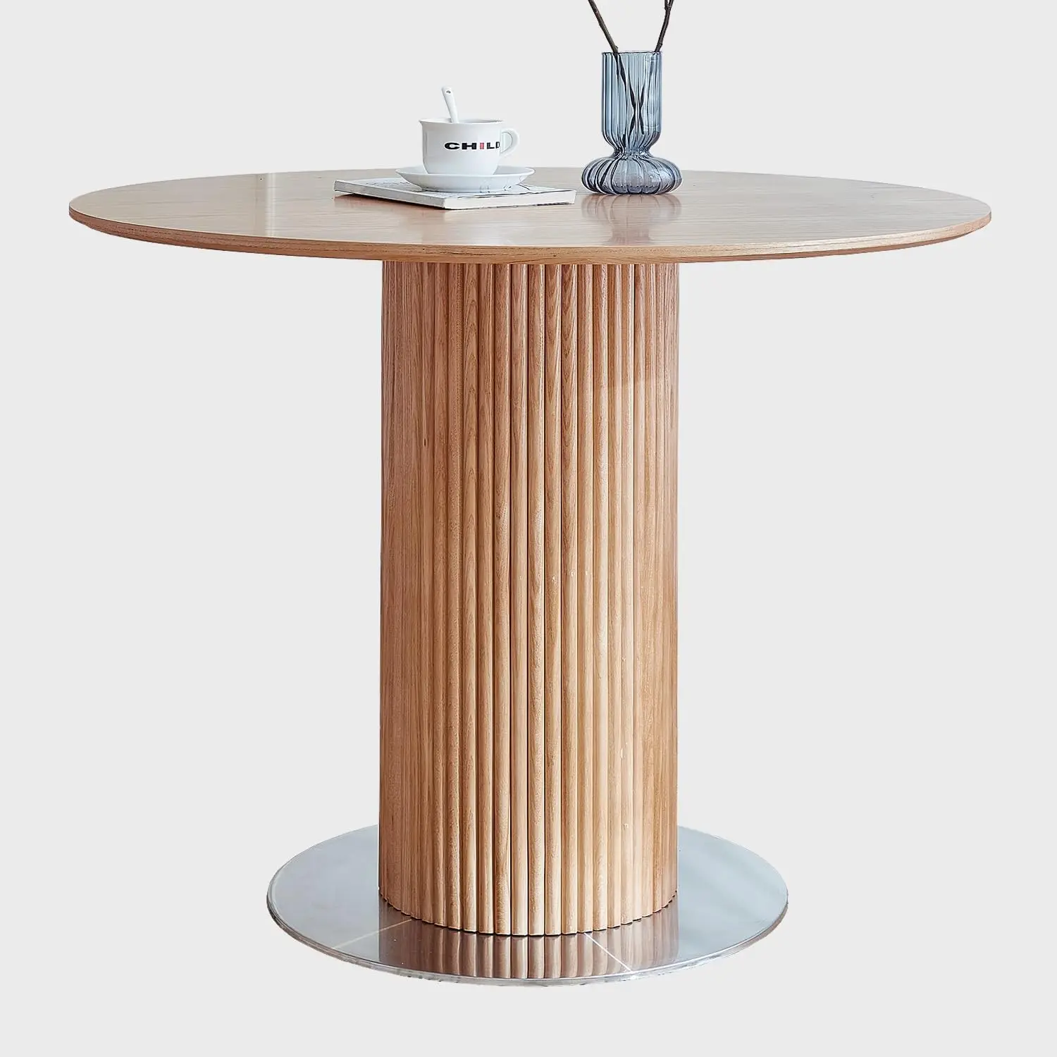 Mesa de comedor redonda de madera, Base de Pedestal de caballete de madera en placa de acero inoxidable, mesa de cocina de espacio pequeño, Circular moderno de 34,25"