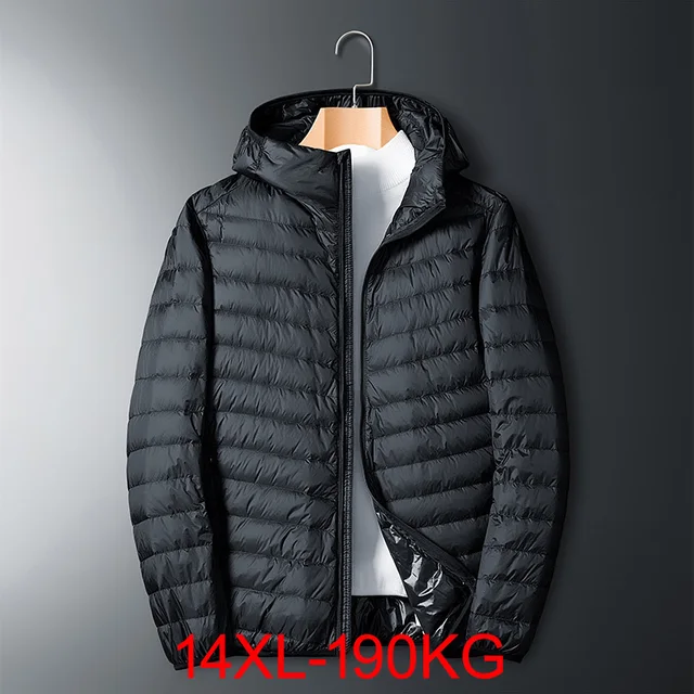Plus Size cienka i lekka męska kurtka puchowa z kapturem duży rozmiar płaszcz męski puffer plus size kurtka zimowa mężczyźni 9XL 10XL 11XL 13XL 14XL