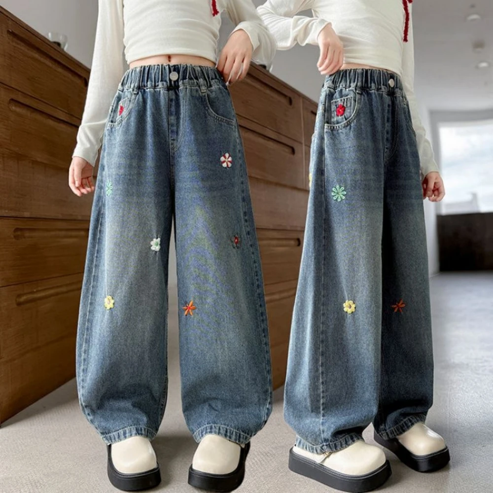 

Y2K Baggy jeans embroidered flowers Denim Pants Girls denim fabric American Hiphop Streetwear Wide Leg Jeans for Children