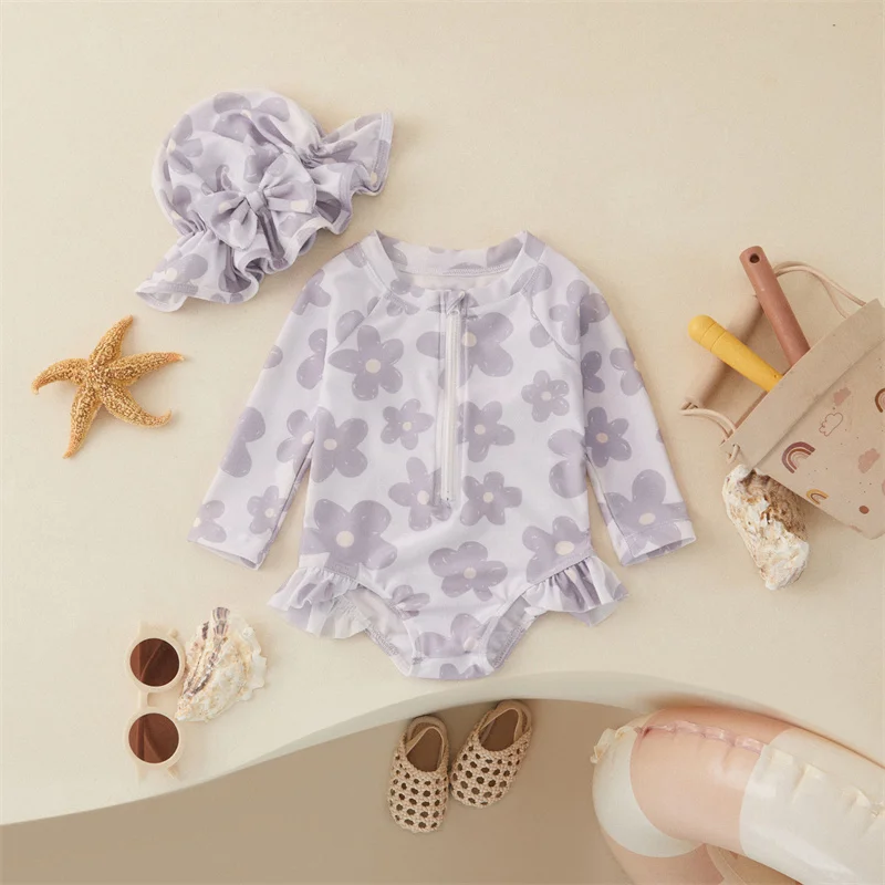 Tregren Toddler Infant Baby Girls Swimsuit Flower Print Zipper Long Sleeve Swimwear Bow Swim Cap Beach Bathing Suit Monokini