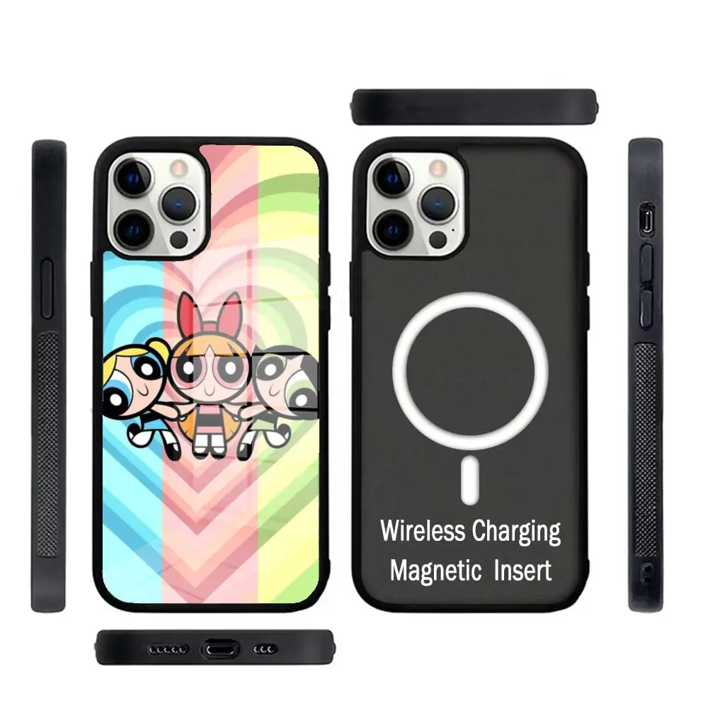 anime P-Powerpuff Girls Phone Case Glass For IPhone 16 15 Promax 14 13 Pro 12 11 Magnetic charging Covers