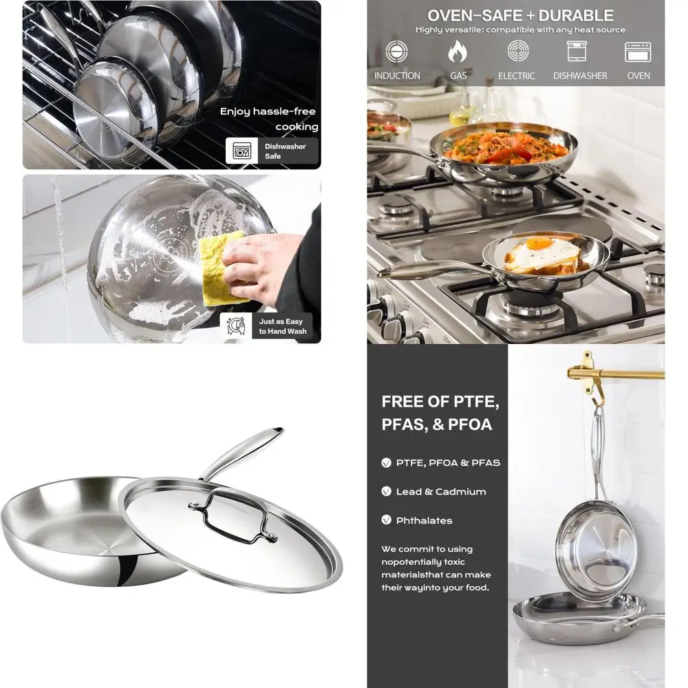 

10 Inch Stainless Steel Frying Pan - 3-Ply Clad Skillet with Lid, Even Heat, Suitable for All Stoves, Oven and Dishwasher Safe