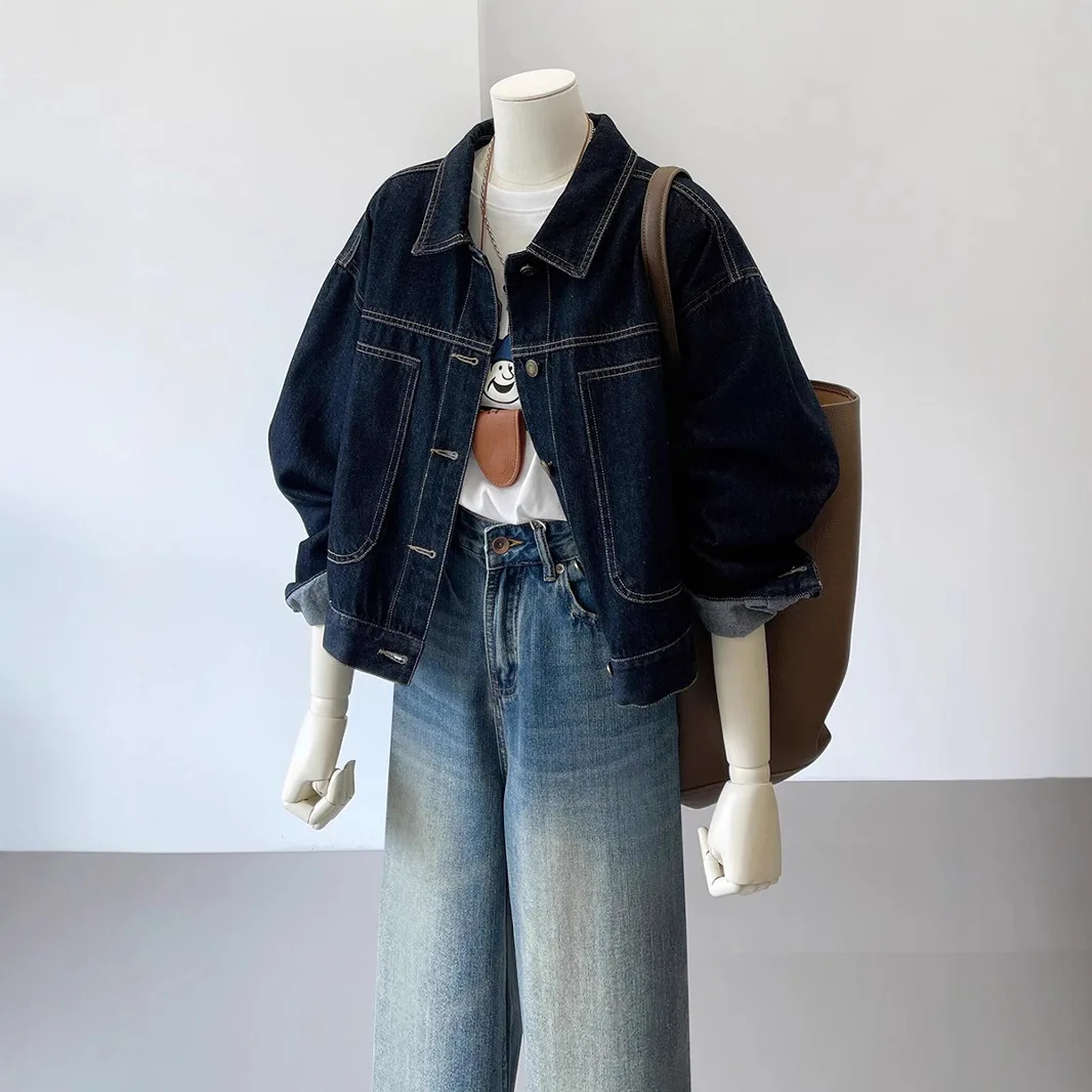 

Denim Jackets Women Coat Pockets Single Breasted Turn Down Collar Female Outerwear Streetwear 2025 Autumn Washed Distressed