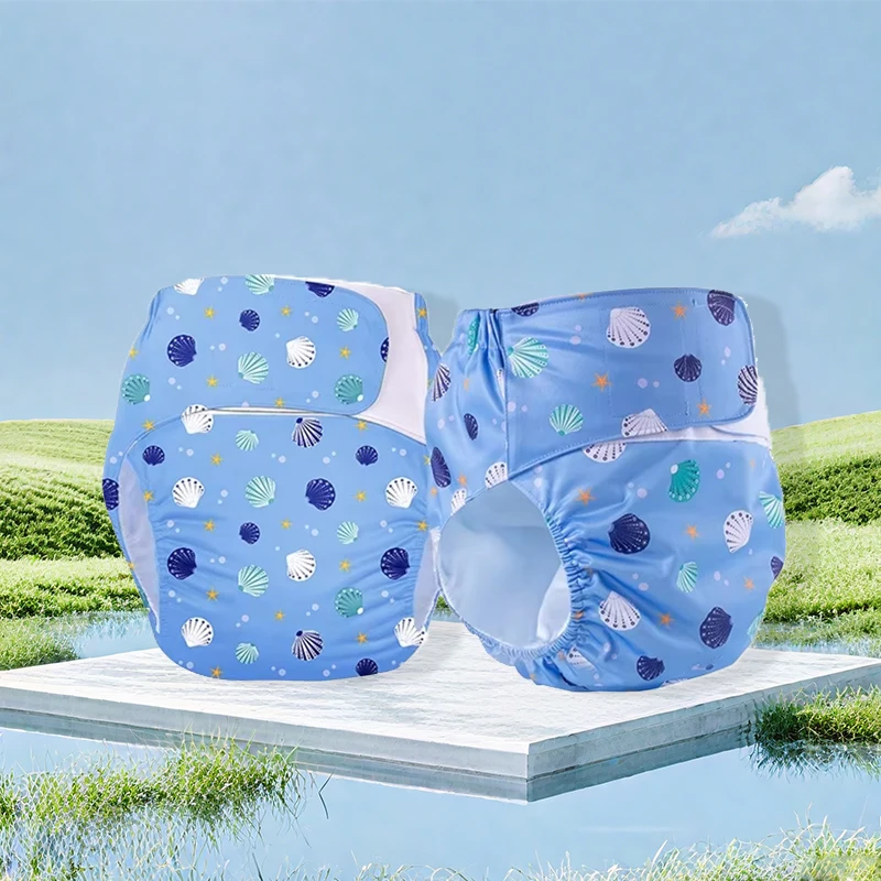 Reusable Washable Adult Cloth Diaper - Leg Leakproof, Adjustable Hook & Loop, Suede Lining, Printed Style for Elderly Users