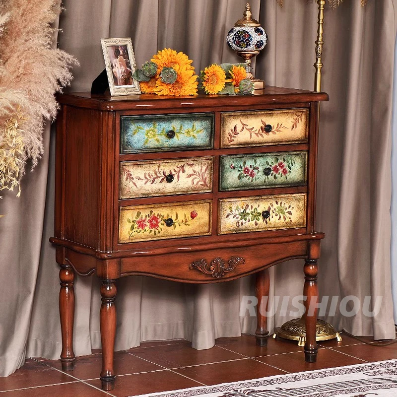 American Country Style Solid Wood Living Room Cabinet Hand-Painted Six-Bucket Storage Bedroom Sideboard Bed Tail Home Storage