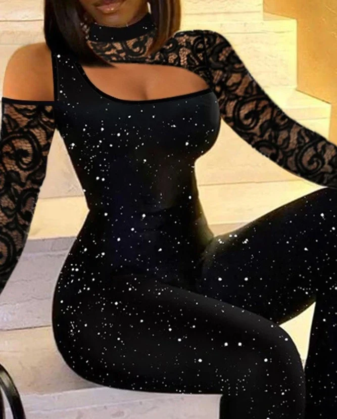 

Jumpsuit Women 2024 Winter New Fashion Elegant Hollow Long Sleeved Glitter Lace Patch Flared Leg Jumpsuit Temperament Commuting