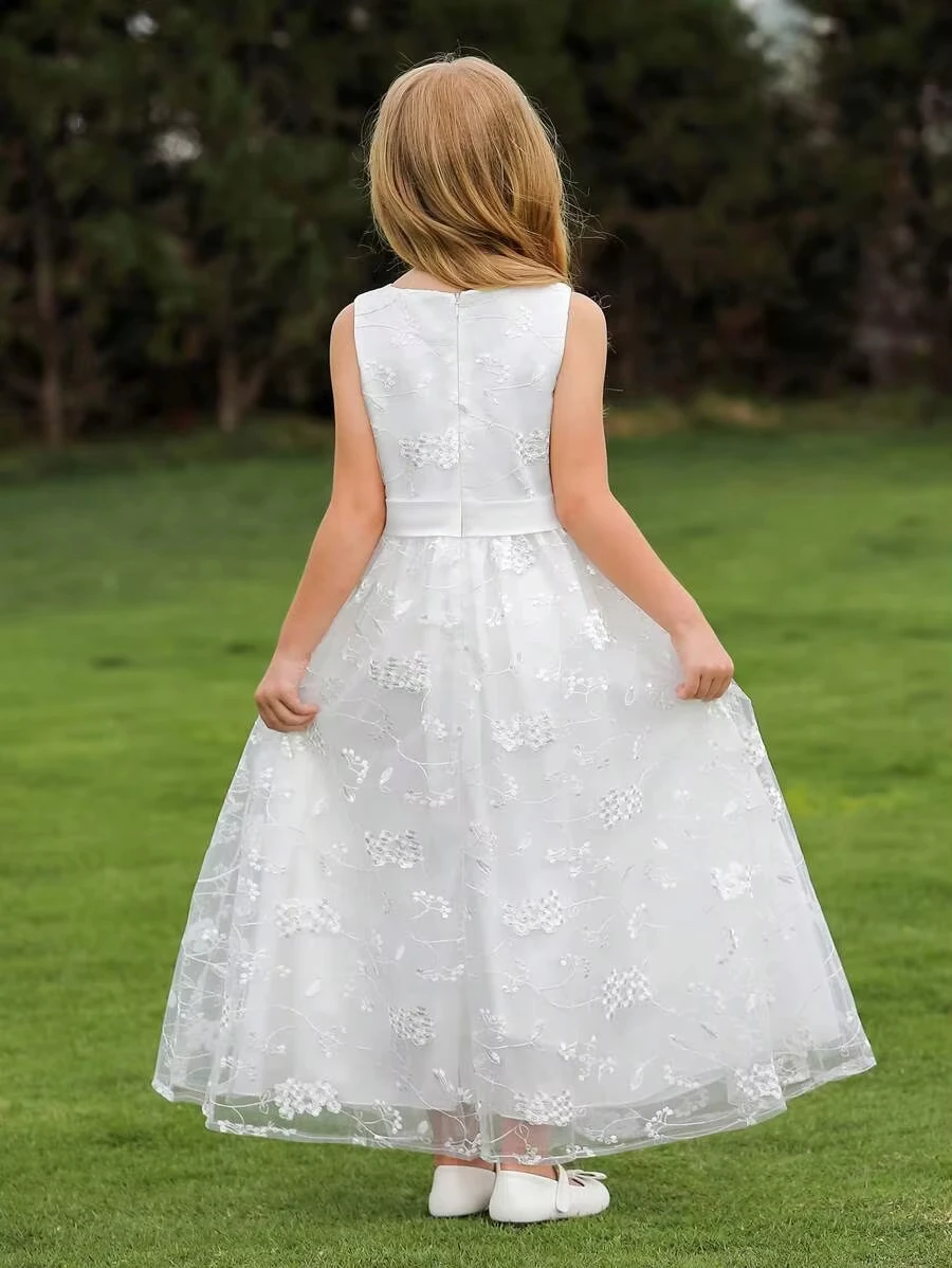Princess 2-13 Years Dresses Embroidery Lace O-Neck Sleeveless Flower Girl Dress A-Line Floor-Length Kids Wedding Communion Dress