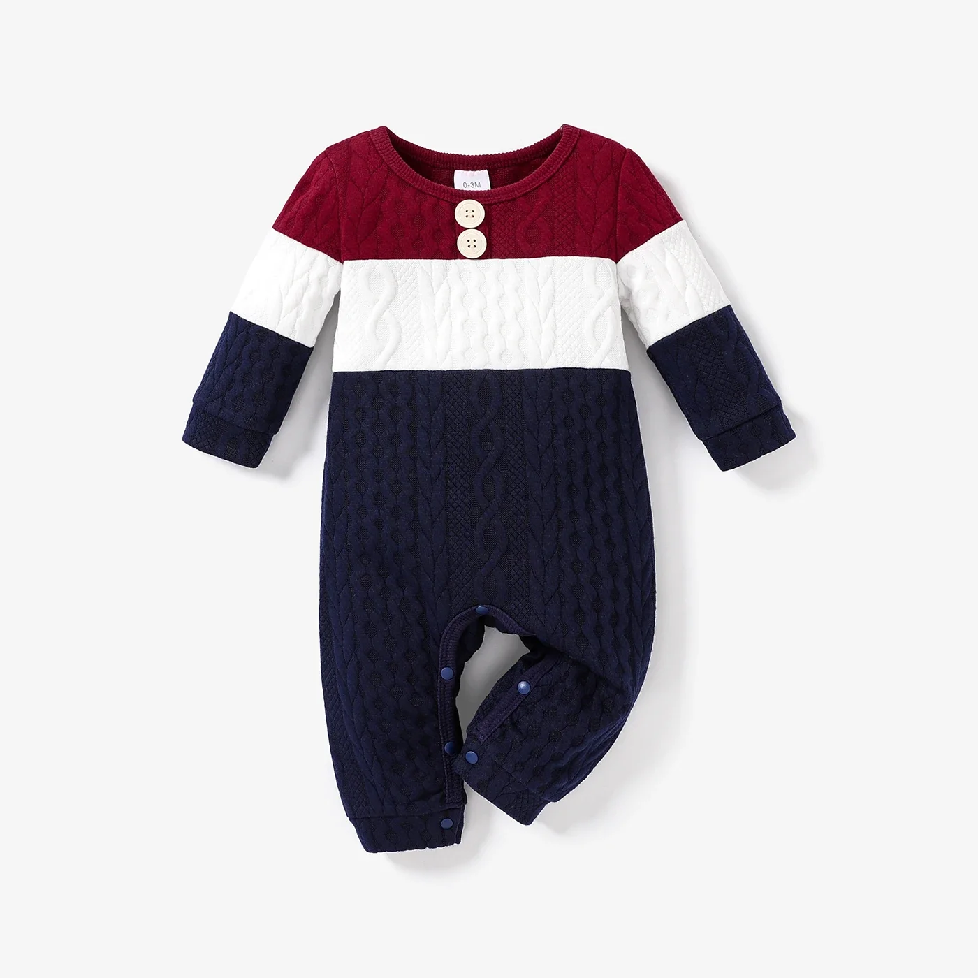 PatPat Baby Boy Colorblock Knitted Textured Long-sleeve Jumpsuit Soft and Comfortable  Perfect for Outings and Daily Wear