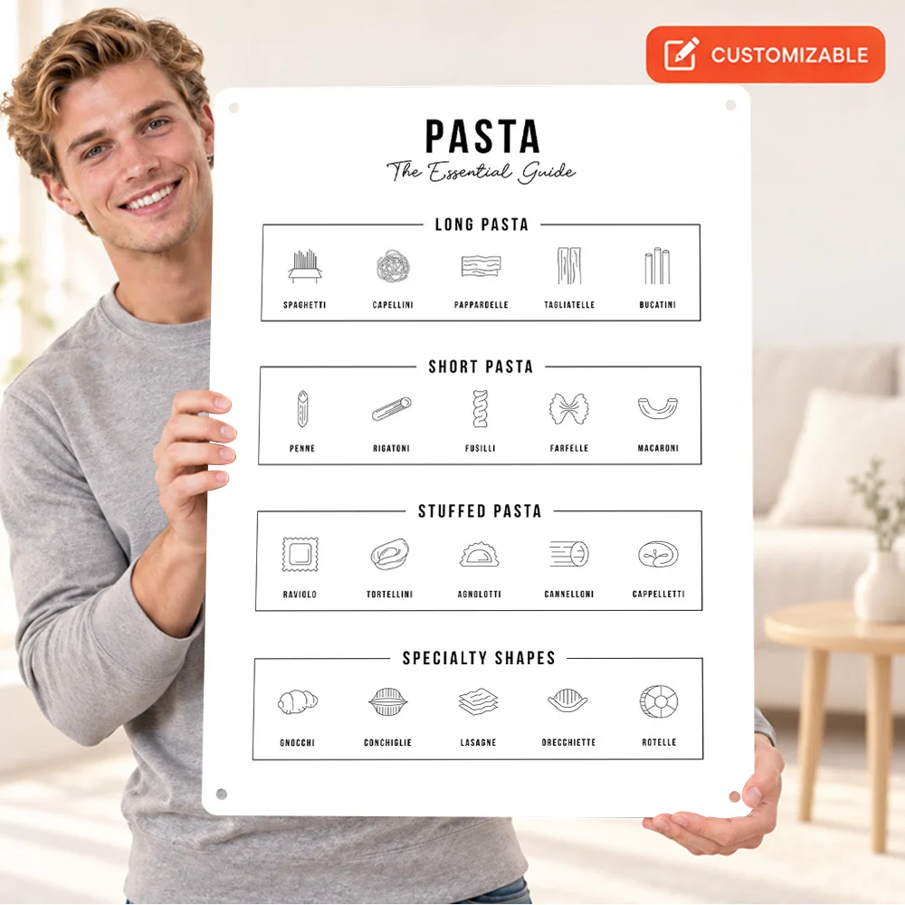 Types Of Pasta Guide Textured Metal Poster Customized Aluminum Sign Shapes Reference Chart Graphic Wall Art For Breakfast Nook