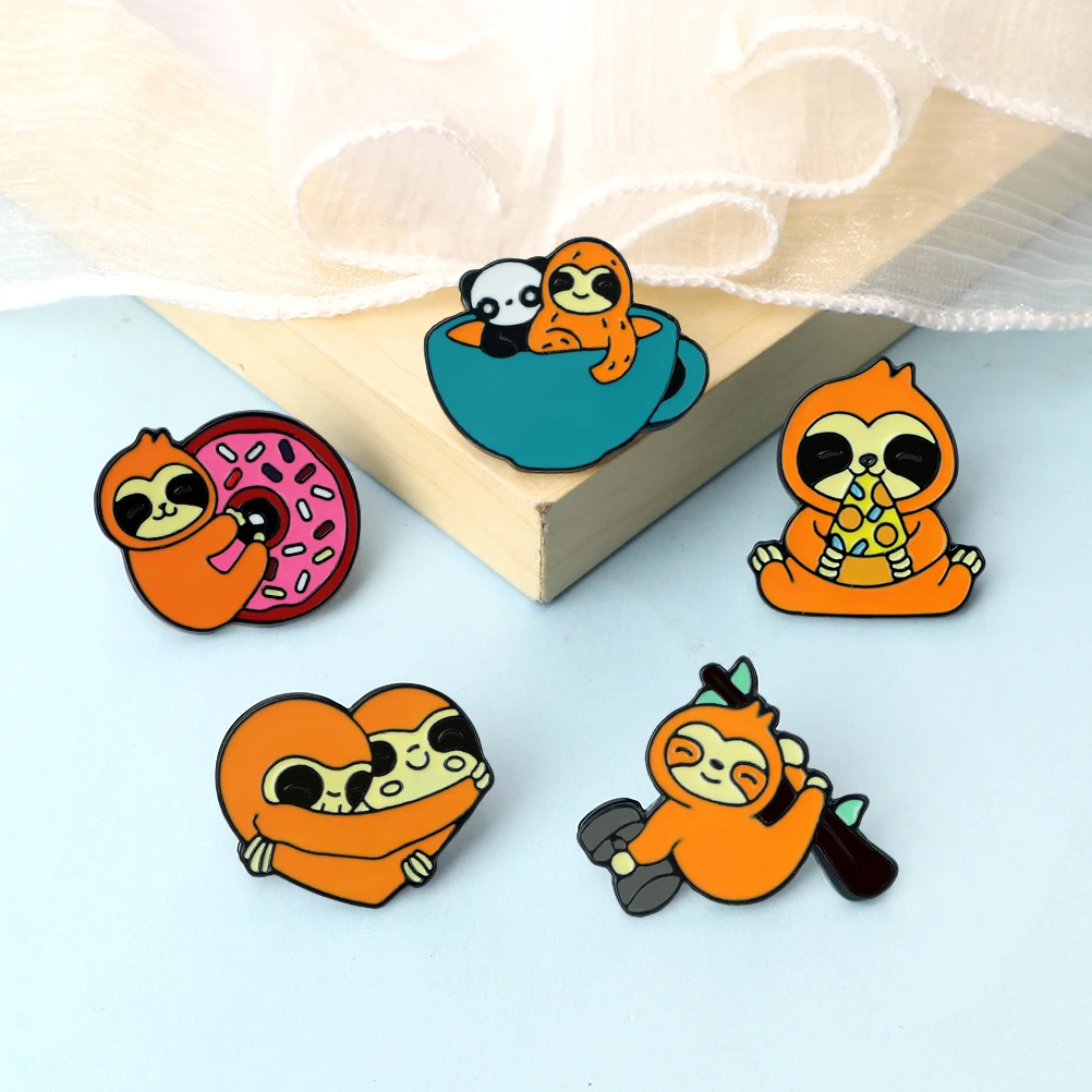Cute Sloth Brooches Shirt Lapel Pin Cartoon Sloths Pizza Donuts Coffee Animals Take A Bath Lift Dumbbell Badge Kids Enamel Decor