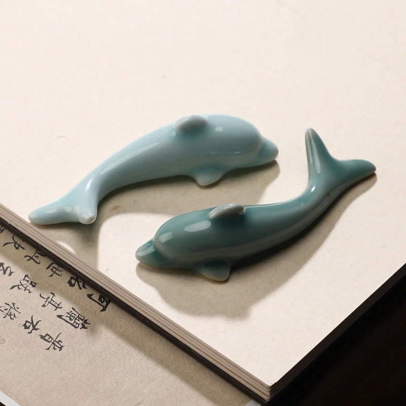 Celadon Porcelain Dolphin Pen Rest Multifunctional Brush Holder for Calligraphy Painting Desk Decoration Chinese Gift Giving