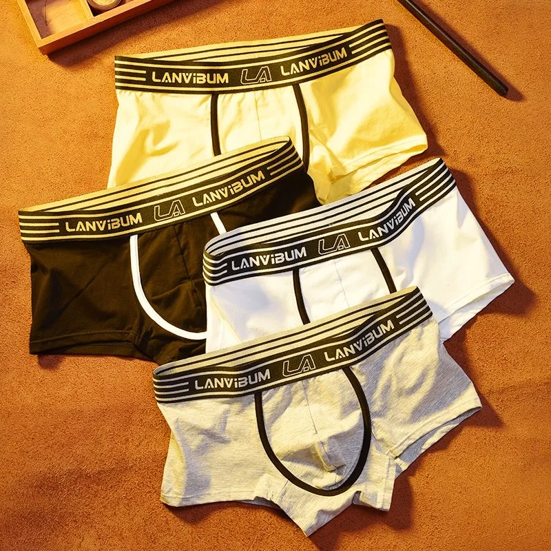 Men's Cotton Boxer Briefs Striped Letter Logo Wide Waistband Contrast Black Trim Solid Soft Breathable U Convex Pouch Underwear