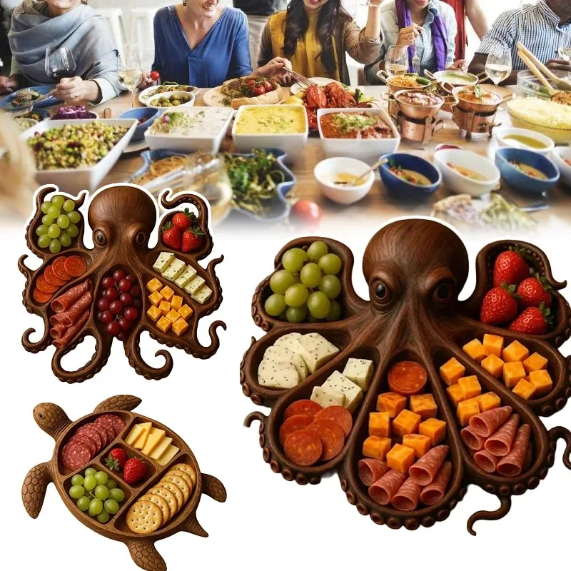 

New Elegant Octopus Shaped Wooden Serving Tray Charcuterie Cheese Platter for Party Fruit Dessert Kitchen Cooked Food Display