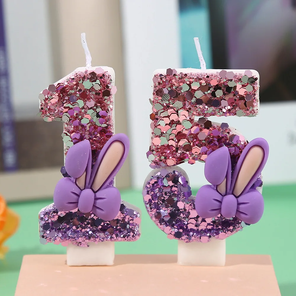 Purple Block Bunny Ears Bowknot Number Candle 0-9  Girly Heart Super Shiny Flakes Birthday Party Cake Candle