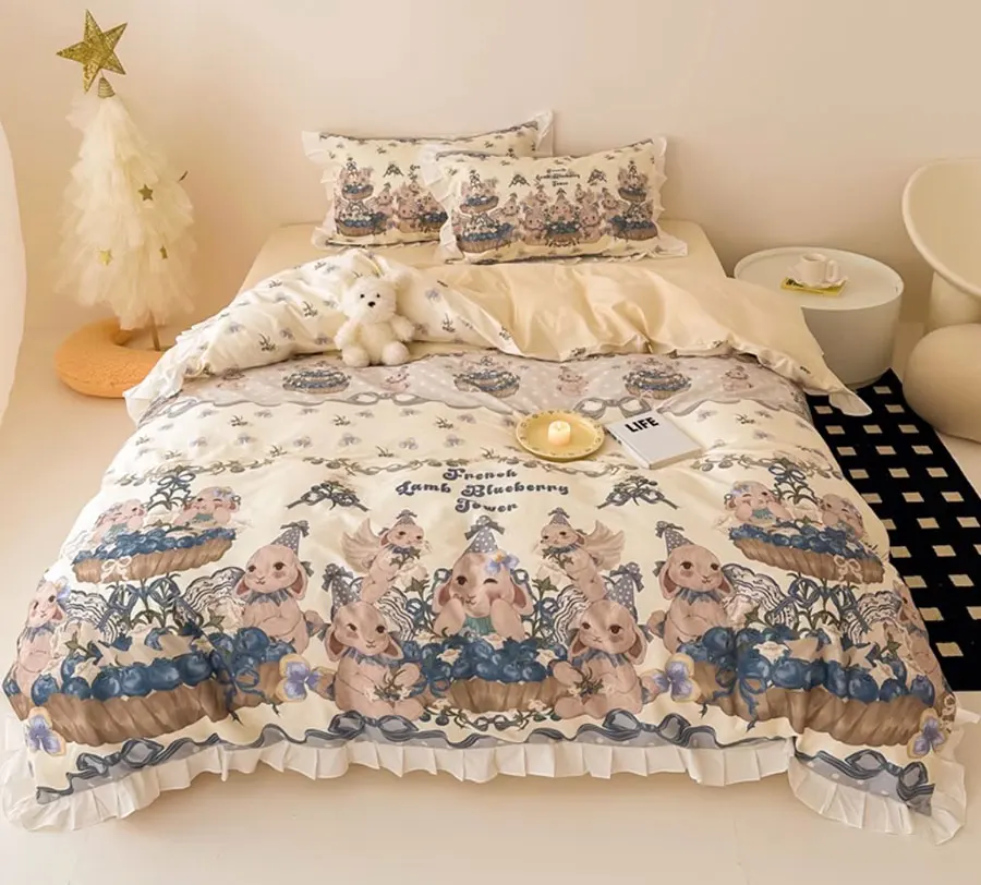 Cute vintage rabbit blueberries bedding set,full queen retro fairyfair cotton home textile bed sheet pillow case quilt cover