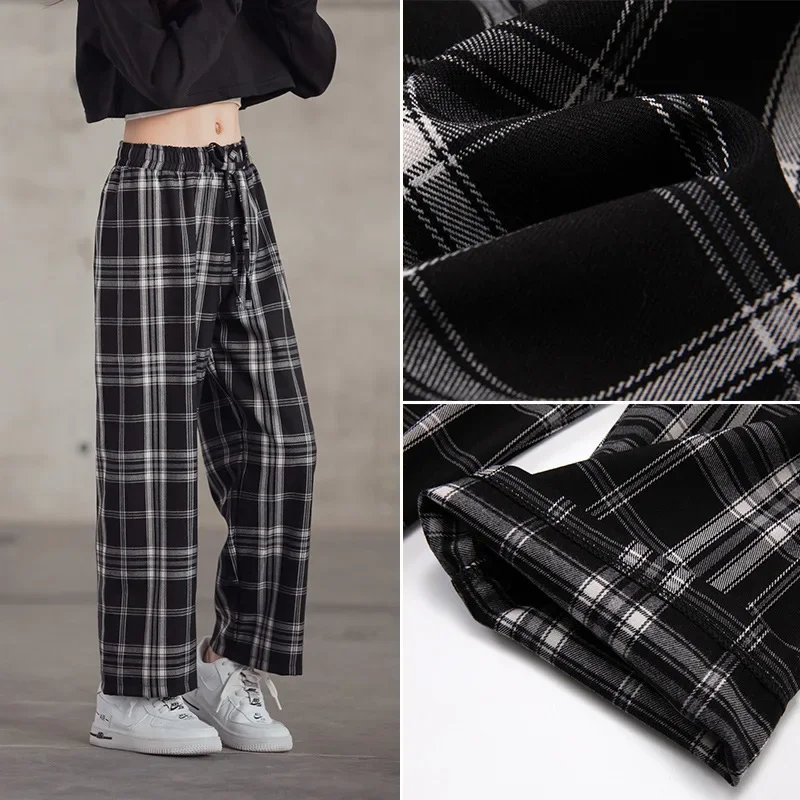 Plaid Pants For Girls Spring Summer Teens Trousers Long Casual Sport Pants Elastic Waist 12 13 14 Year Children's Wide Leg Pants