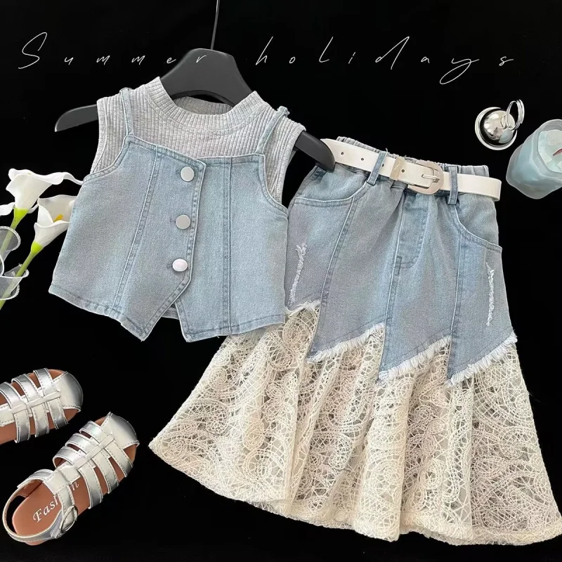 

Girls Suit2025Summer New SleevelessTDenim Vest with Lace Trim and Denim Skirt Three-Piece Set
