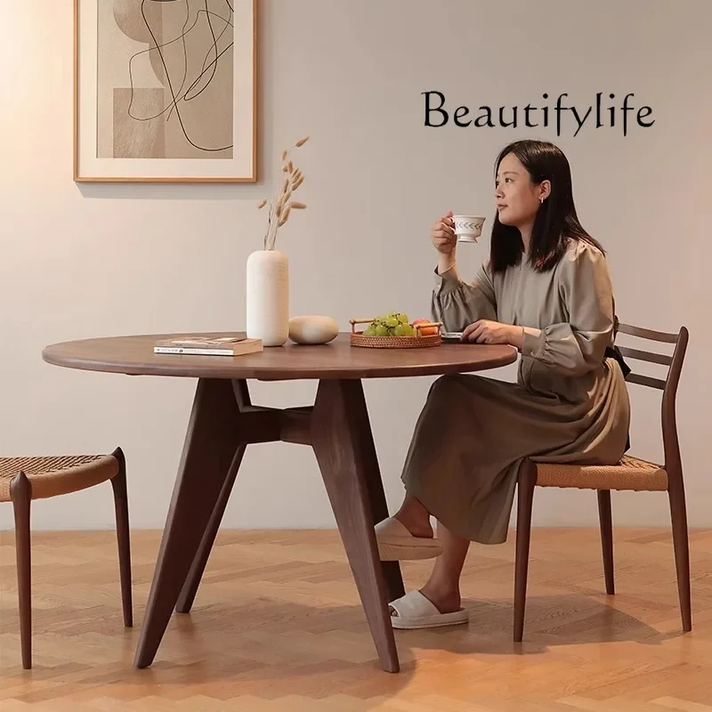 X36 Stunned Wind Pure Solid Wood Round Dining Table And Chair Combination Design Nordic Simple Home Dining Table