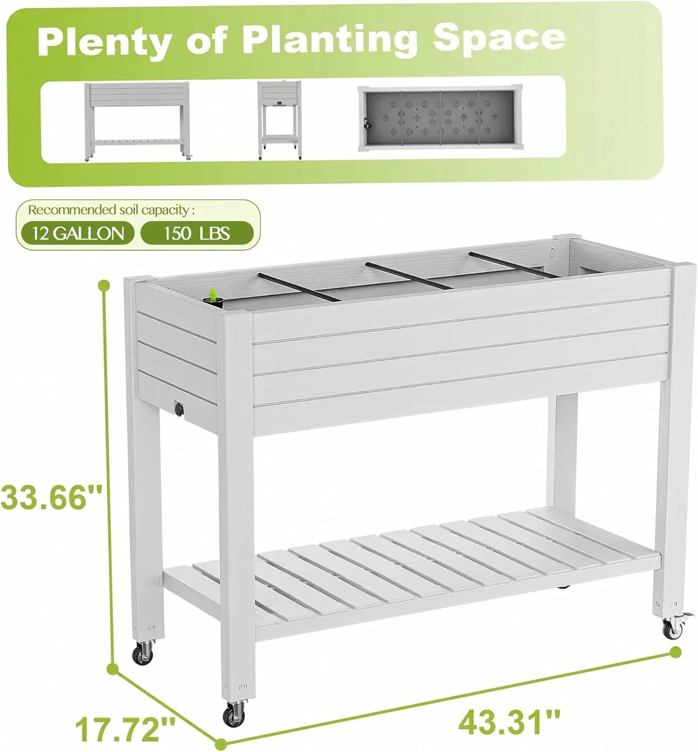 Elevated Raised Garden Bed with Wheels,Outdoor Large Resin Patio Planter Box Stand Divisible with Drain Plug,Water Monitor for Plants Vegetables Flowers Fruits(Ashen)