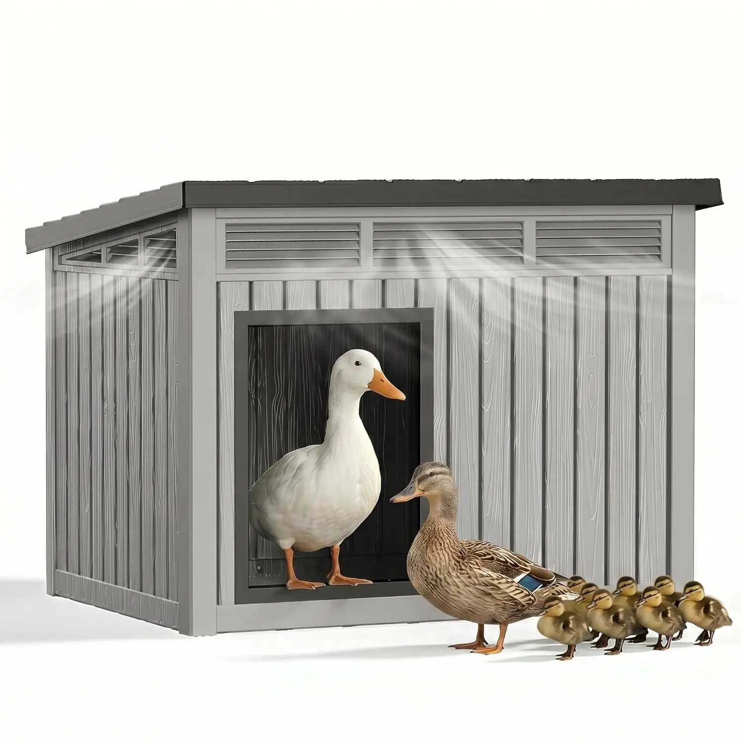 

Chicken Coop, Resin PP Material Outdoor Duck House, Wood Grain Finish Sloped Roof Poultry Shelter, Gas Strut Top, Custom