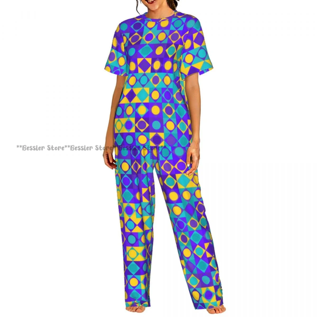 

Женские пижамные комплекты, одежда для отдыха и сна, мозаичный узор из кругов, квадратов и треугольников с точками, ночная одежда с короткими рукавами