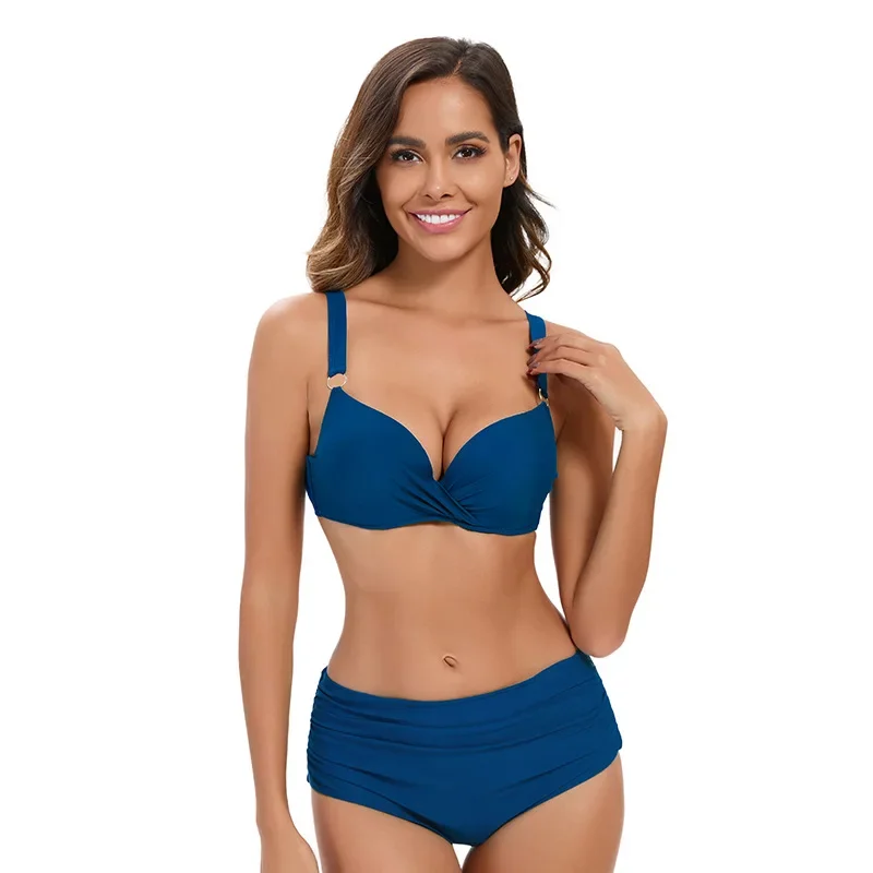 Nouveau Style femmes Sexy couleur unie taille haute Triangle Bikini avec froncé dos nu conception maillots de bain Bikinis ensembles