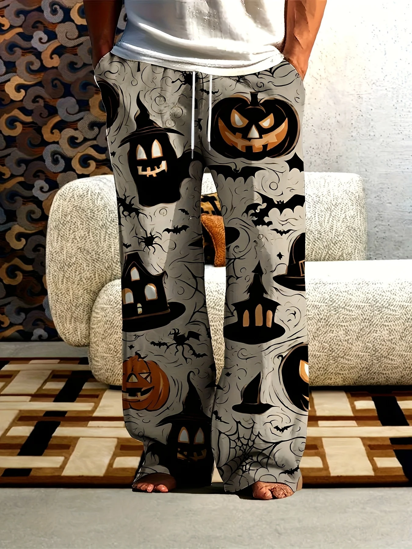 Men'S  Long Pants, Pumpkin Witch Bat Pattern Autumn Winter Thin Home Sleepwear Men'S Casual Trousers, for Halloween