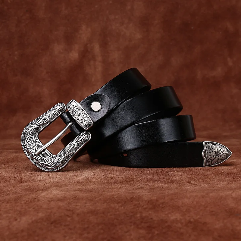 2.4cm Personalized Trendy Versatile Vintage Genuine Leather Belt for Women, Top Layer Cowhide Casual Jeans Waistband