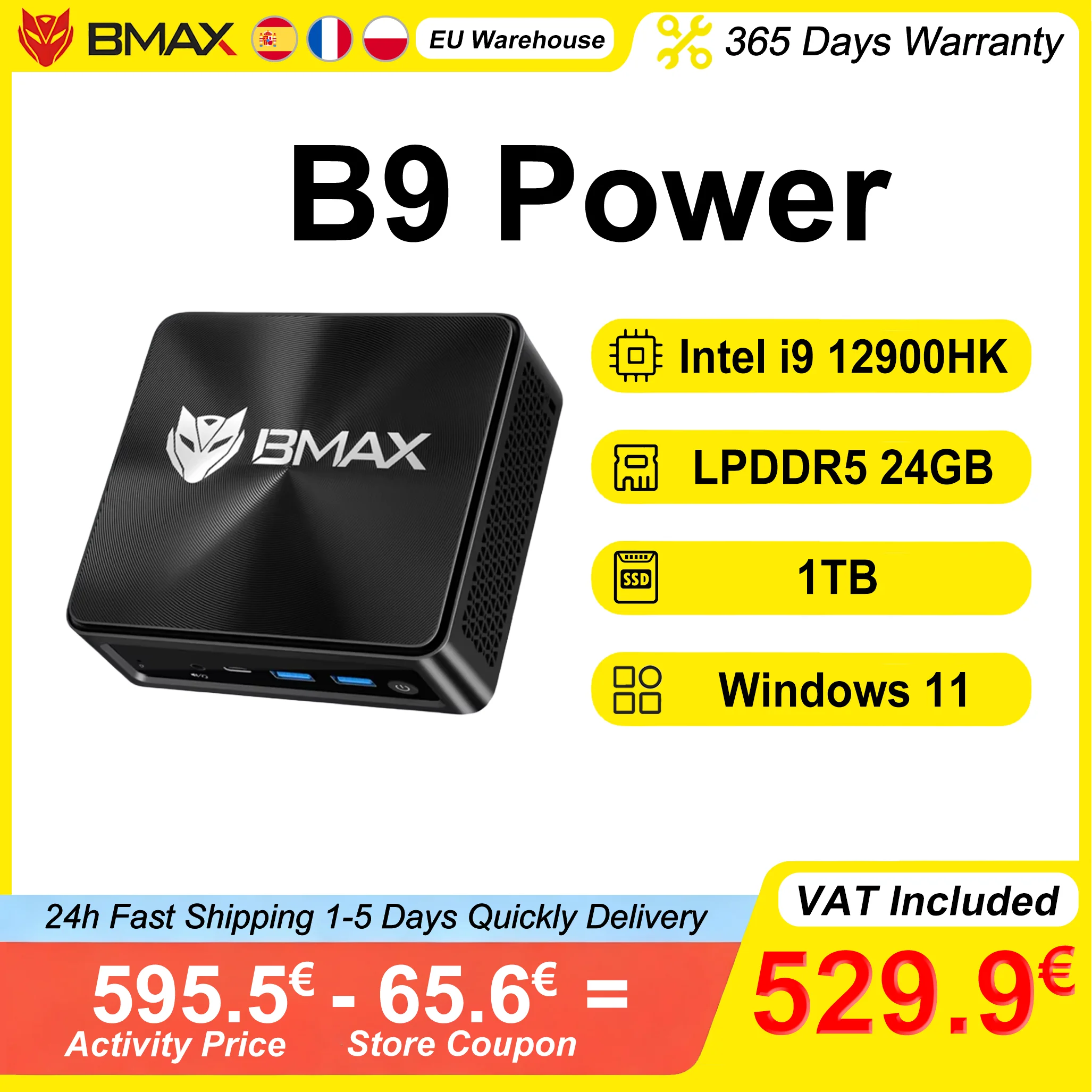 BMAX Mini PC B9 Power LPDDR5 24 GB RAM 1 TB NVMe SSD Intel Core i9 12900HK Windows 11 Ondersteunt tot 4K@60Hz