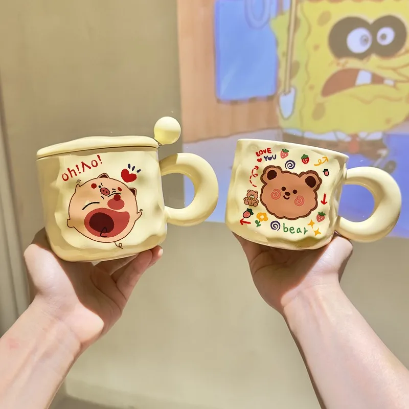 400ml Korean Cream Bear Mug, Fat Handle Ceramic Cup, Large Capacity Simple Milk Cup, Male and Female Student Couple Cup