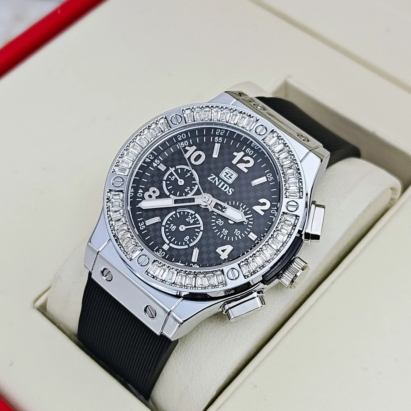 New Men's Quartz Watch with Diamond Inlays, Three Sub-Dials, Waterproof, Luminous, Business and Sports Wristwatch, Light Luxury Fashion Dial, Silicone Strap Watch, Cross-Border Hot-Selling Gift Essential