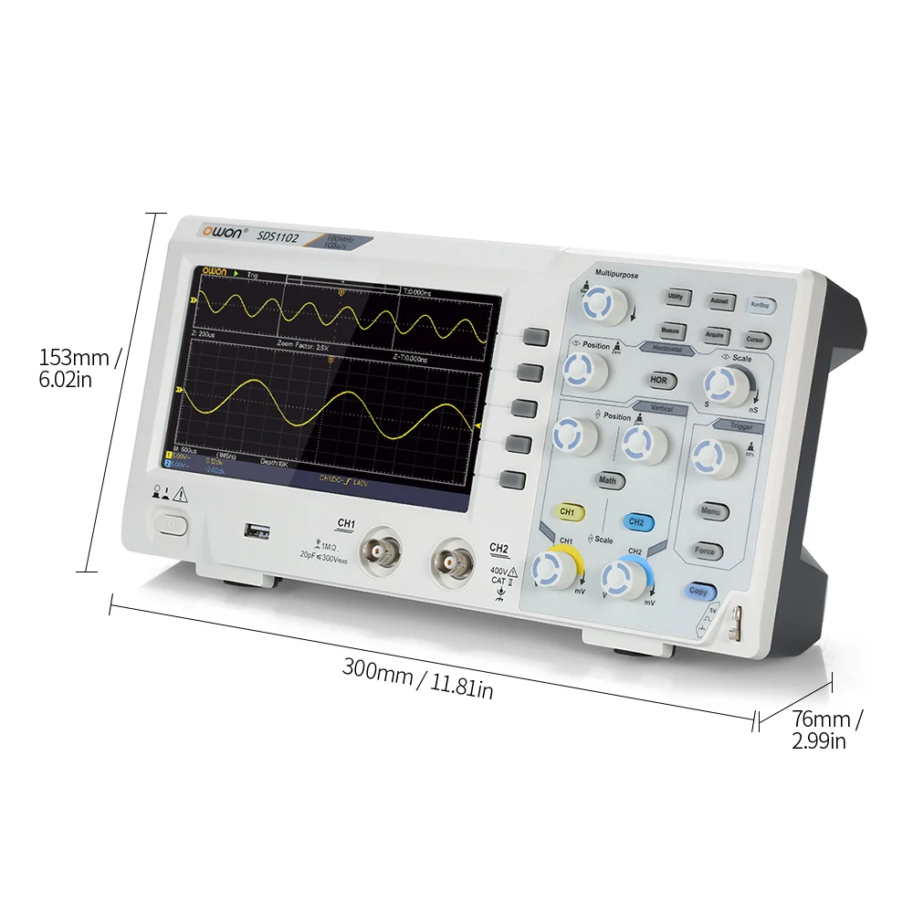 Osciloscopio SDS1102, oscilómetro de almacenamiento Digital, 2 canales, 100MHz, 1GS/s, pantalla LCD de 7 pulgadas, osciloscopio de 100MHz