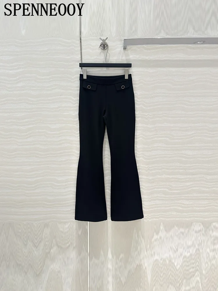 SPENNEOOY Fashion Runway Autumn Black Color Slim Bell Bottoms Women's Solid Color Fake Pocket Straight Barrel Trousers