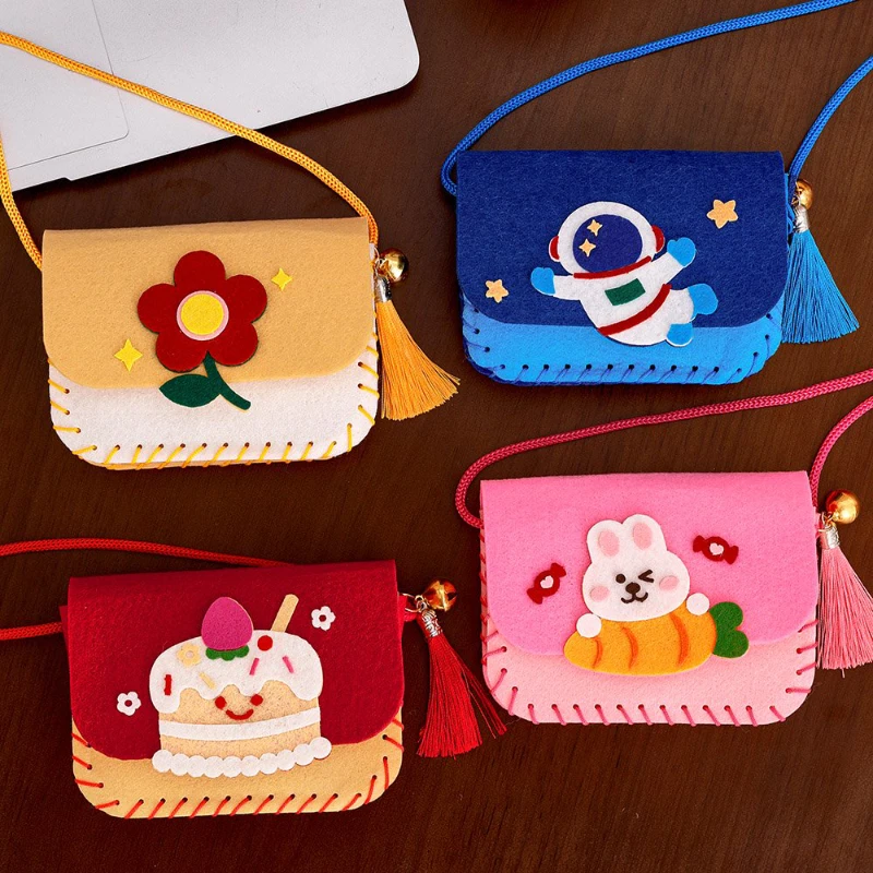 DIY Shoulder Bag Art Craft Kits for Kids Girls Kawaii Rabbit Flower Cake Astronaut Coin Purse Sewing Set Fine Motor Training Toy