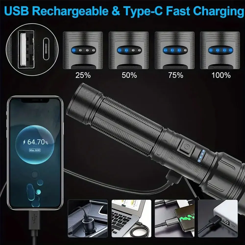 XHP90 LED Flashlight 5000LM Rechargeable, Tactical Zoomable Torch with COB Side Lamp Power Bank IPX4 for Camping Hunting, 26650 Battery, US Local Stock