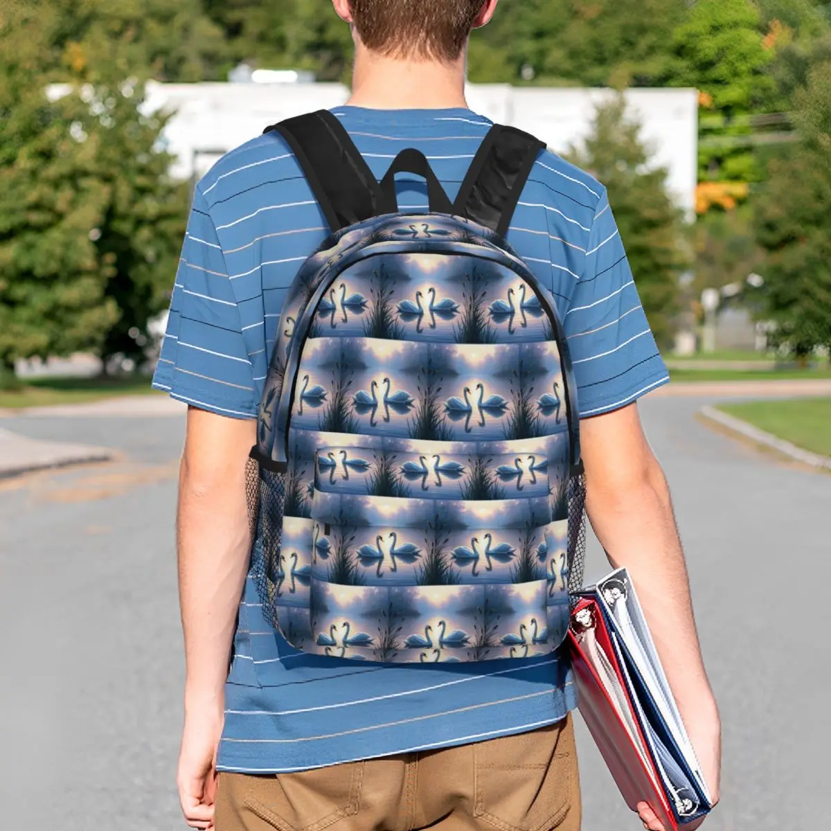 Two Swan With Sunset In Pond Backpack Student BookBag Kids School Bag Computer Shoulder Bags for Men Women