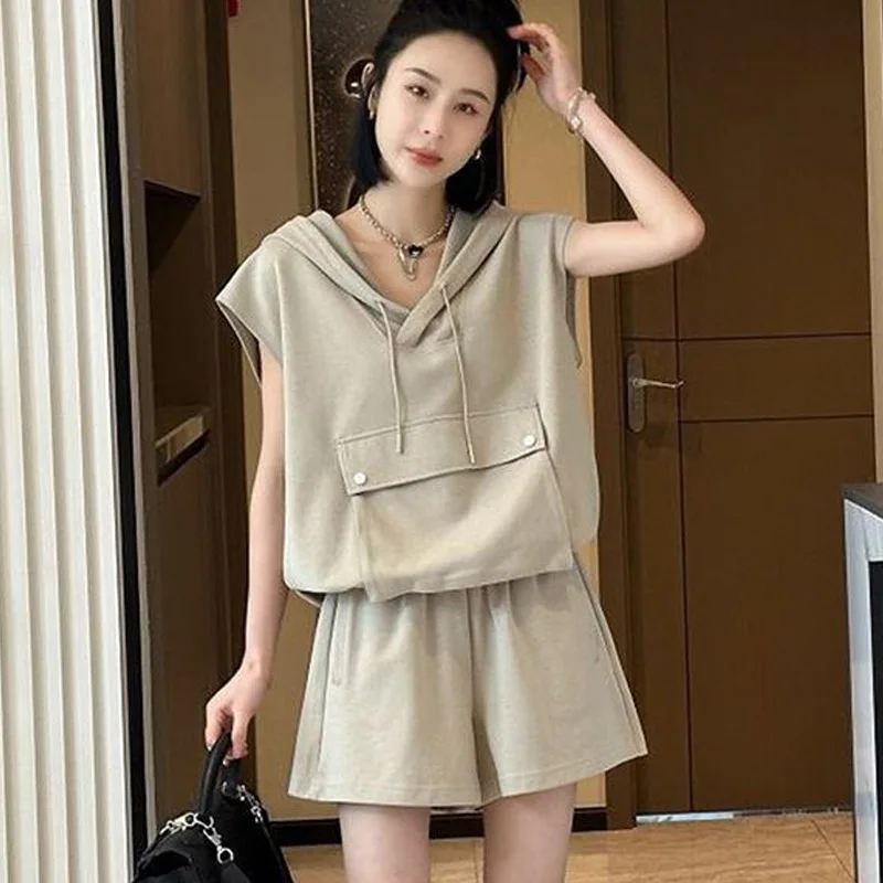 Solid Oversized Ladies Fashion Pullovers Two Piece Set Summer Loose Sleeveless Tops New Elastic Waist Straight Wide Leg Pants