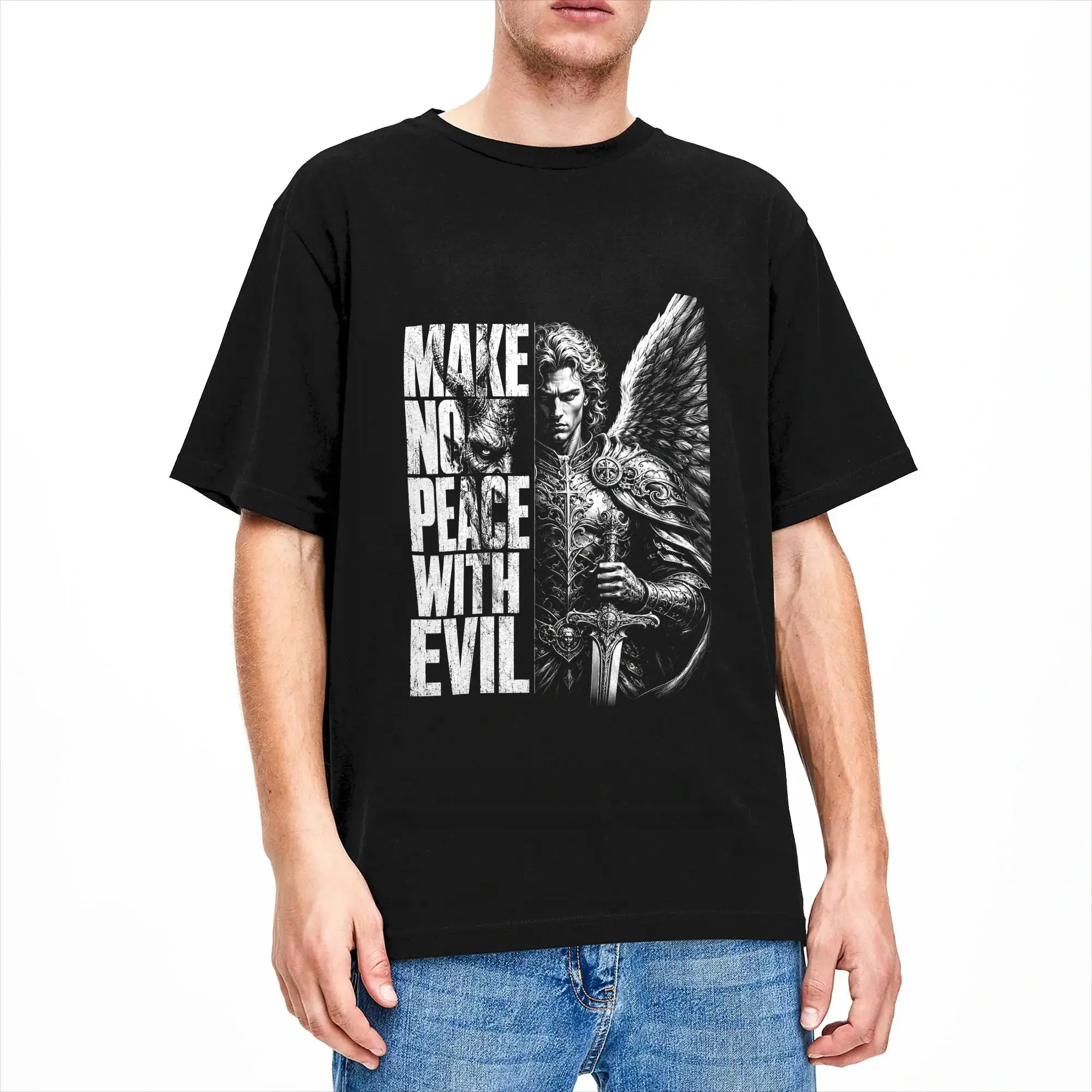 Make No Peace with Evil Saint Michael Archangel T Shirt Men's  100% Cotton Fashion T-Shirt Crewneck  Tee Shirt Short Sleeve Tops