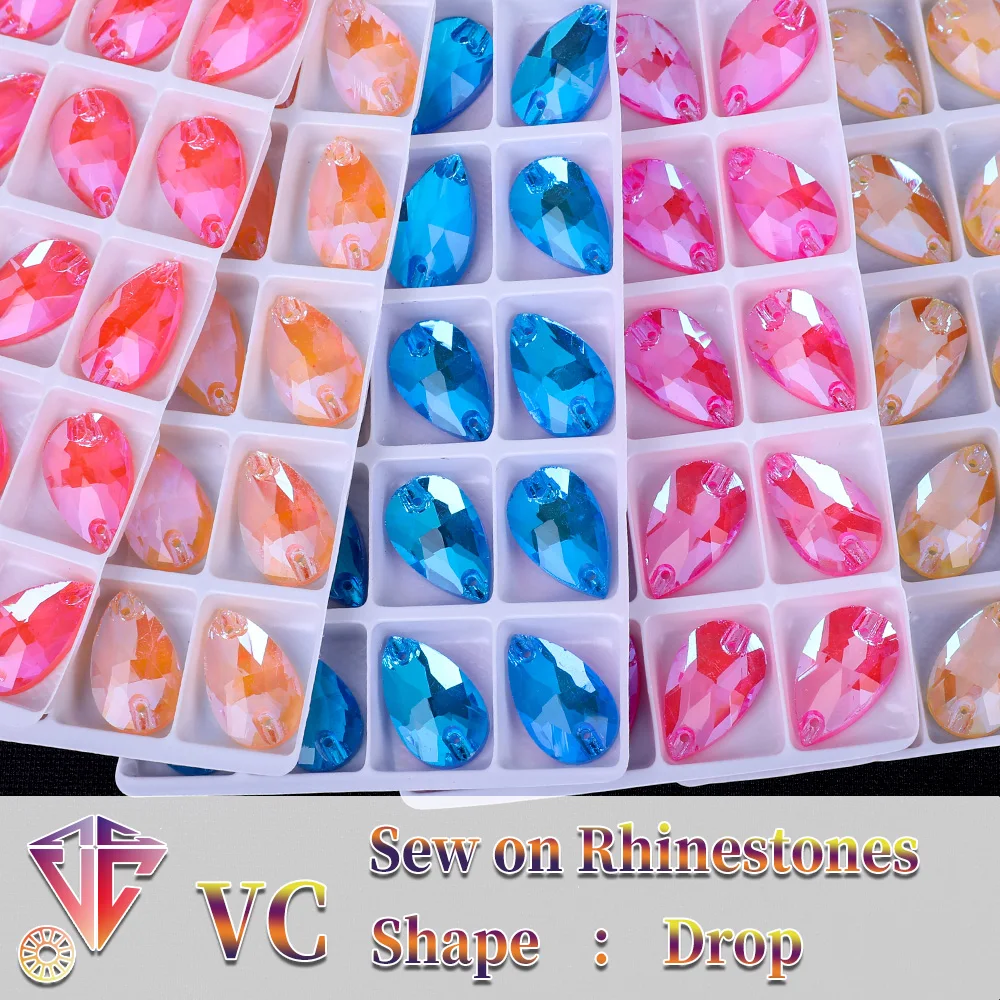 VC Neon Fluoreszierender Wassertropfen zum Aufnähen von Strasssteinen, Wassertropfen AB, Nähen, Diamant, Glas, Diamant, flache Rückseite, DIY-Zubehör, Hochzeit