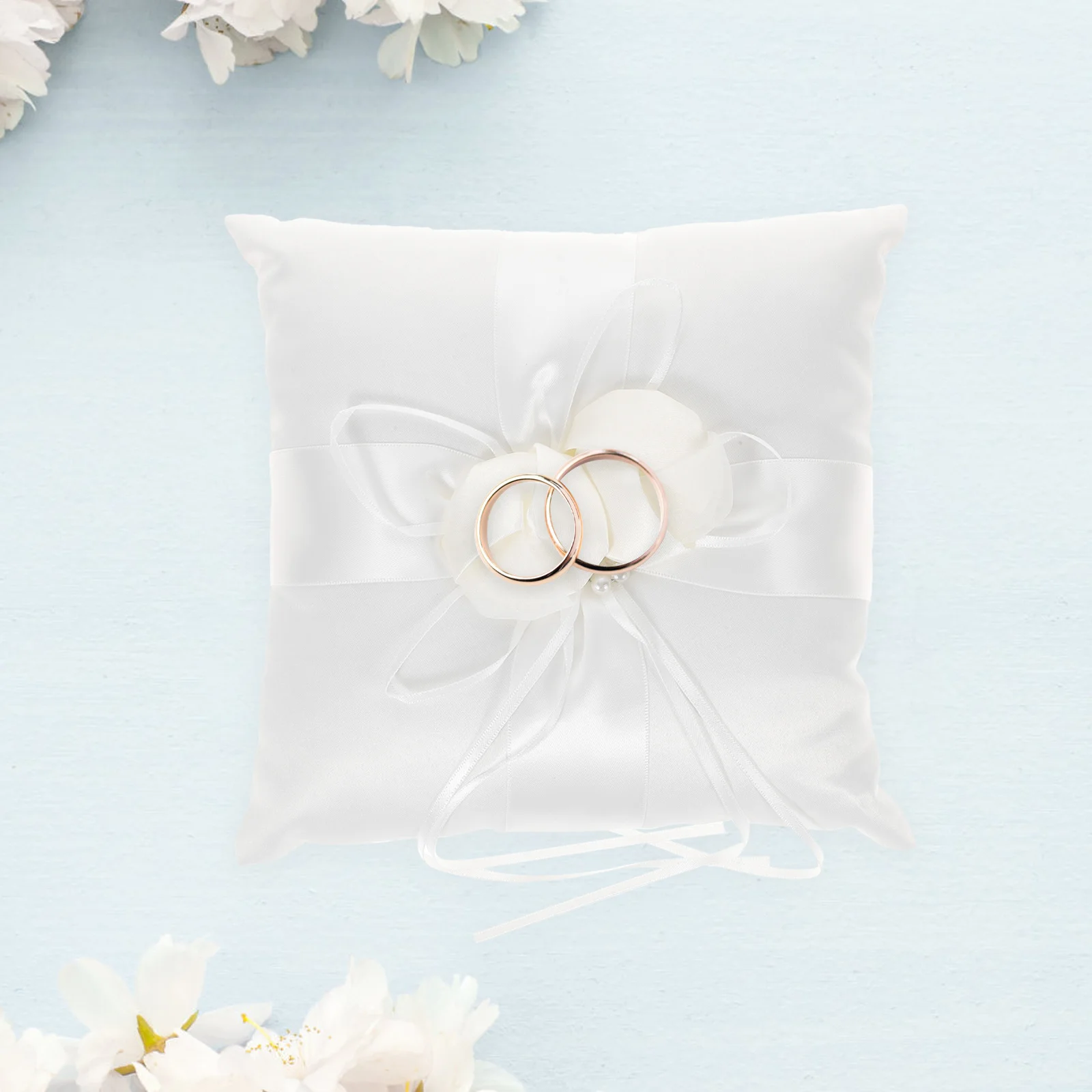 

20*20Cm Flower Buds Wedding Ring Pillow White Satin Ribbon Faux Pearl Compact For Ring Bearer Page Boy Party Decoration Ceremony