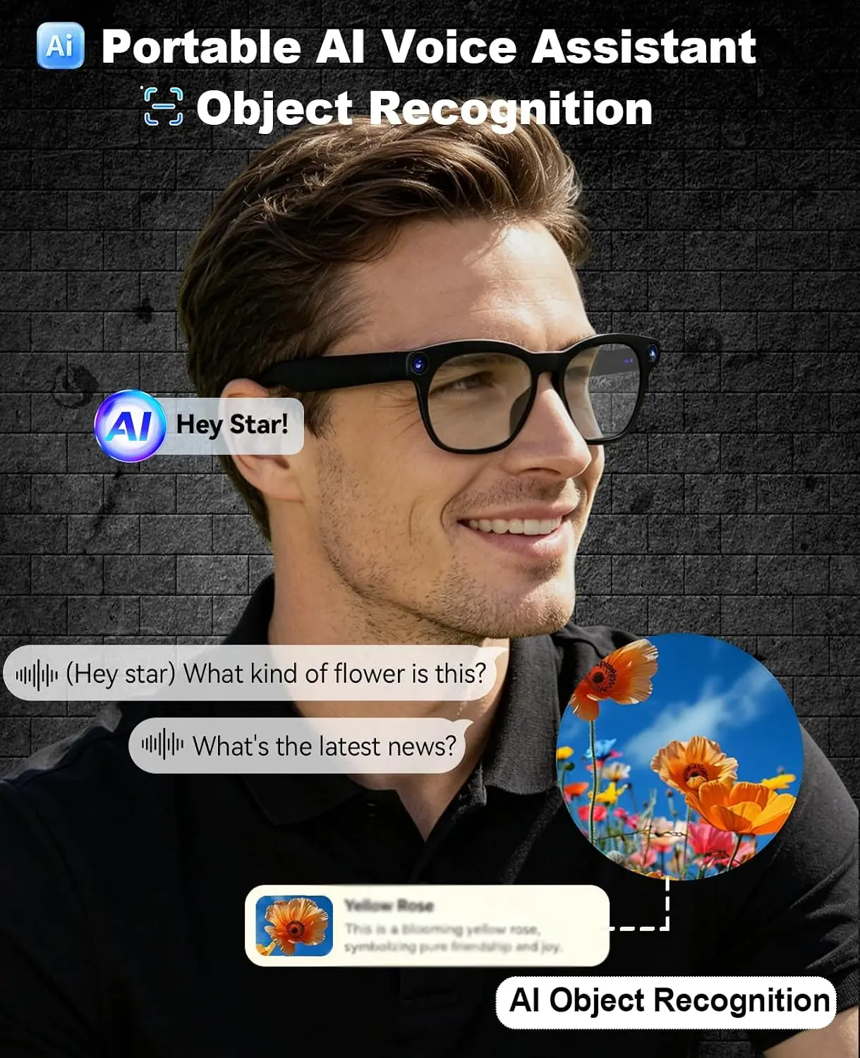 AI Smart Glasses with 8MP Camera, HD Video Recording, Real-Time Translation | Photo Capture, AI Voice Assistant, Object Recognit