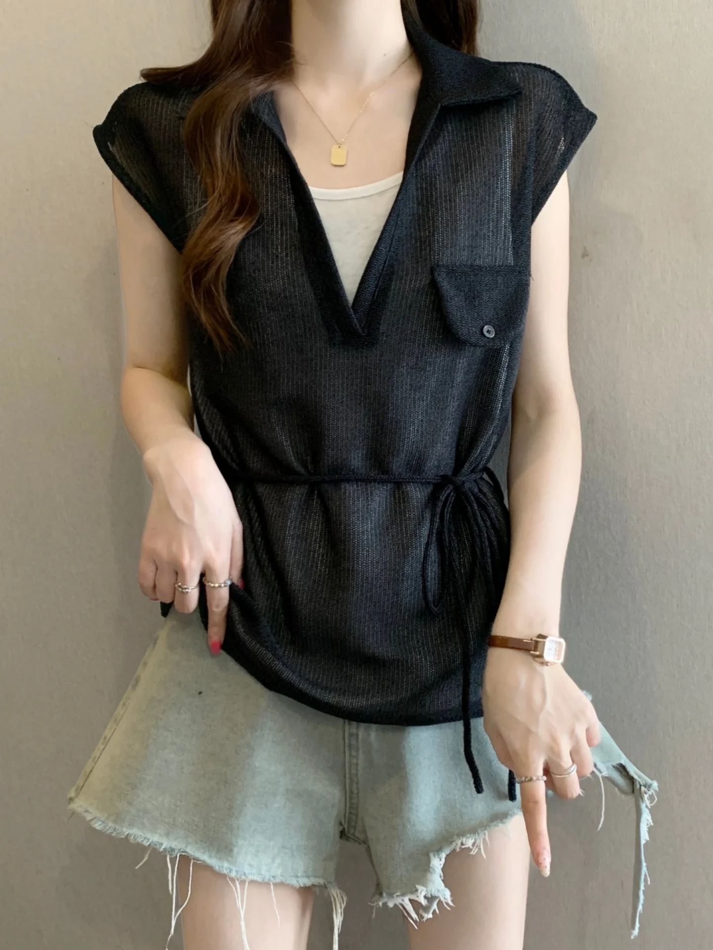 Slimming V-Neck Short Sleeve Ice Silk T-Shirt Women's Summer plus Size Belted Waist Control Belly Covering Top Korean Style
