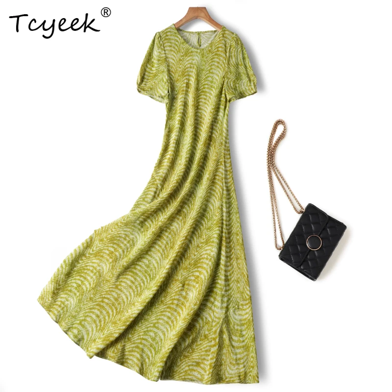 

Tcyeek 100% Real Mulberry Silk Summer Thin French Short Sleeved Round Neck A-line Yellow Green Mid Length Woman Dresses 원피스 여름