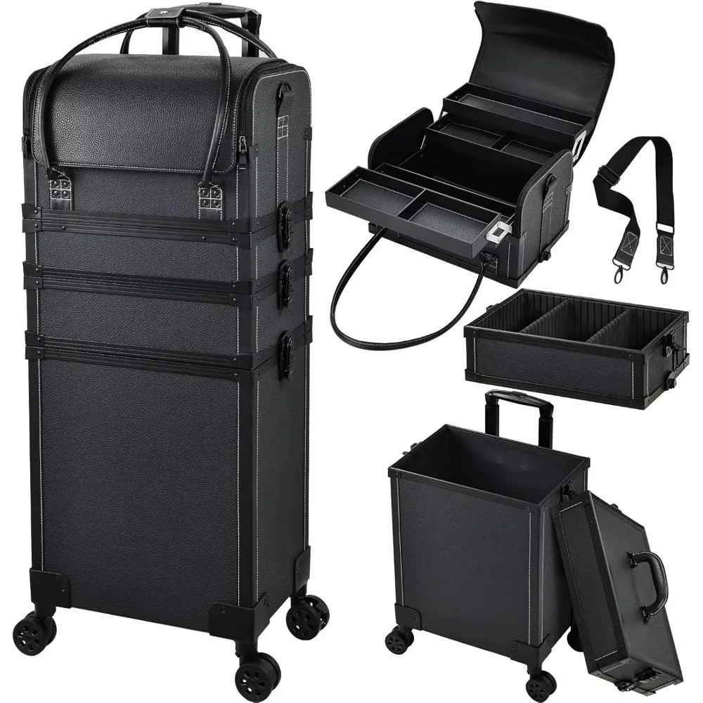 

5 in 1 Rolling Makeup Case on Wheels Leather Cosmetology Case Organizer with Shoulder Strap Salon Barber Trolley Cart