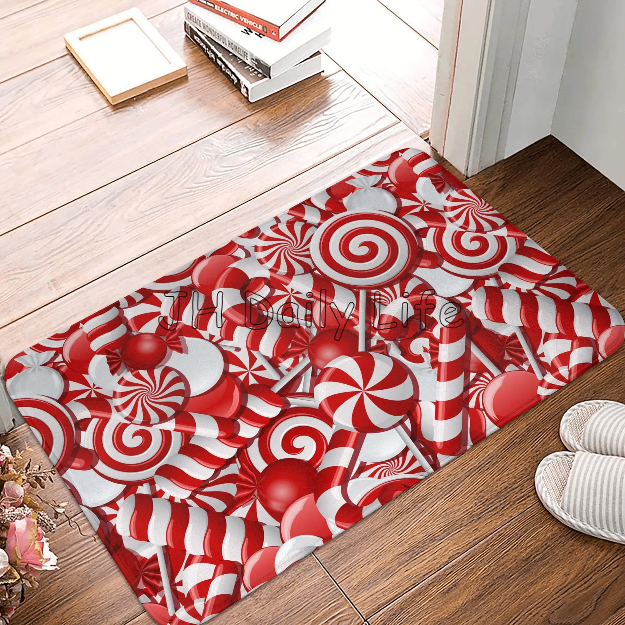 

Red and White Candies Font Candy Christmas ABC Alphabet Cane Welcome Door Mat Home Entryway Rug Non-Slip Absorbent Floormat