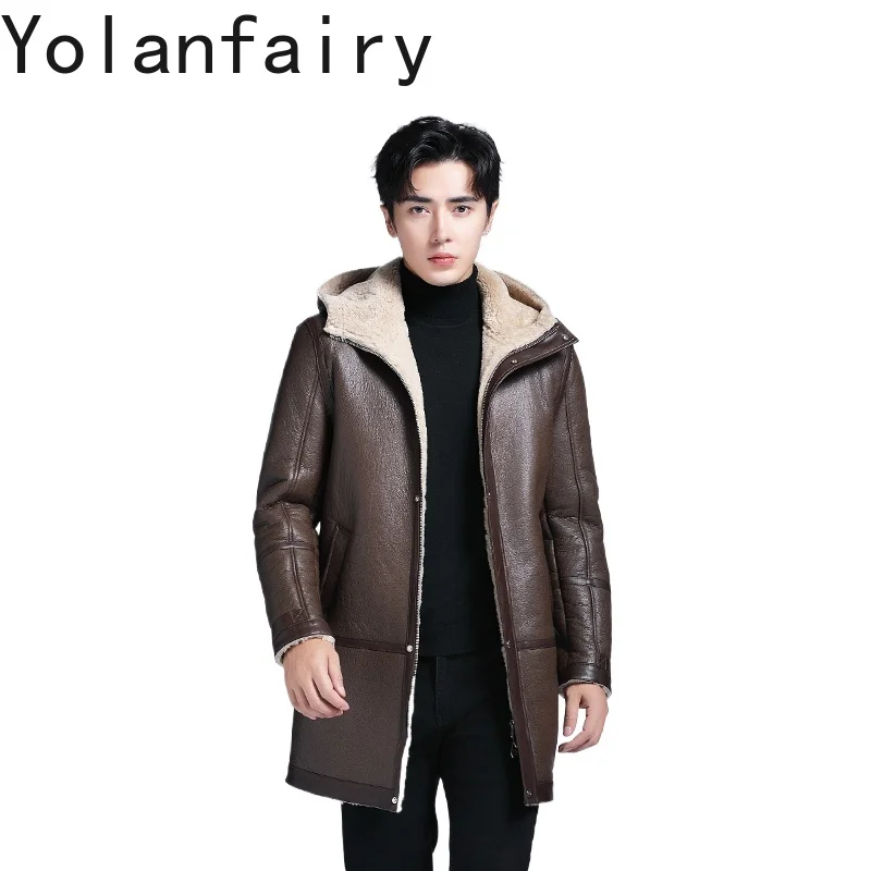 YOLANFAIRY Fashion Brown Genuine Sheepskin Leather Jacket Men Winter Mid-length Hooded Natural Fur Coat Man Warm Fur Coats Slim